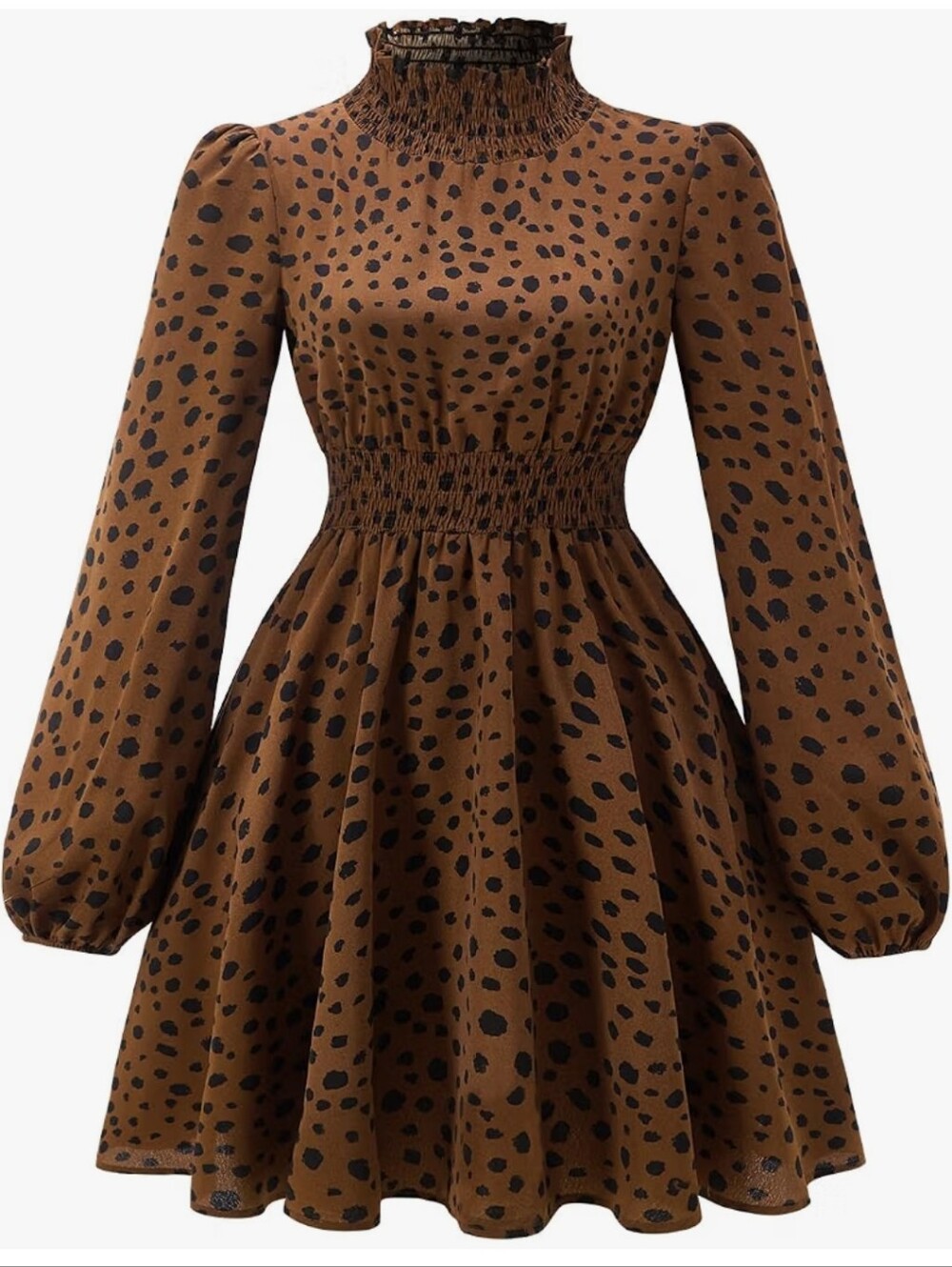 Smocked High-Neck Brown Spot Print Mini Dress